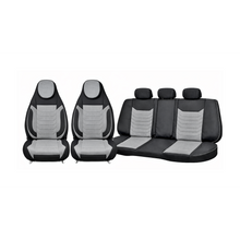 Încarcă imaginea în vizualizatorul Galerie, Huse scaune auto universale fractionate Premium cu tetiera fata incorporata negru cu gri

