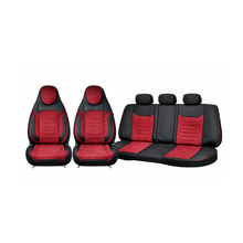 Încarcă imaginea în vizualizatorul Galerie, Huse scaune auto universale fractionate Premium cu tetiera fata incorporata negru cu visiniu
